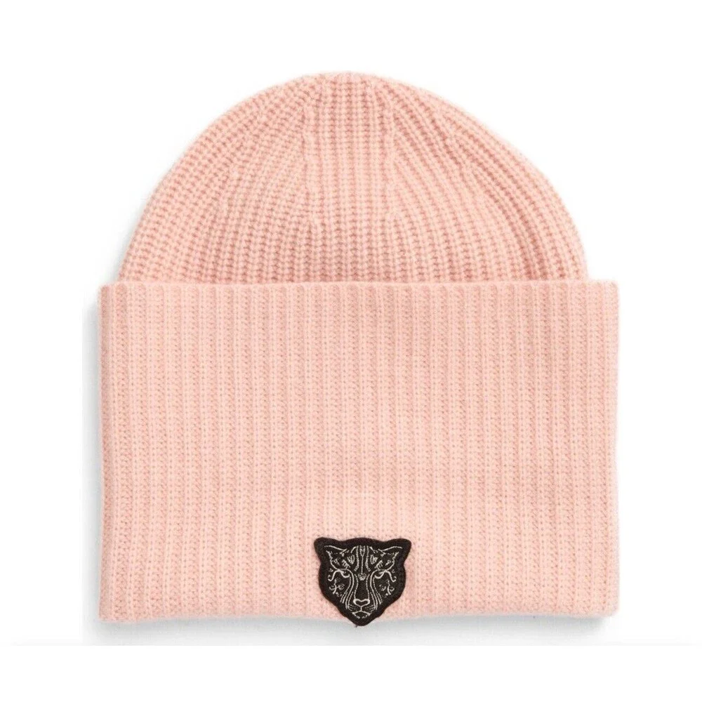 LITA By Ciara Recycled Cashmere Beanie In Pink With Black Cheetah Logo New